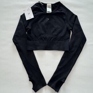 Gymshark Flex Sports XS Black Long Sleeve Crop Top Shirt Thumbholes Open Back